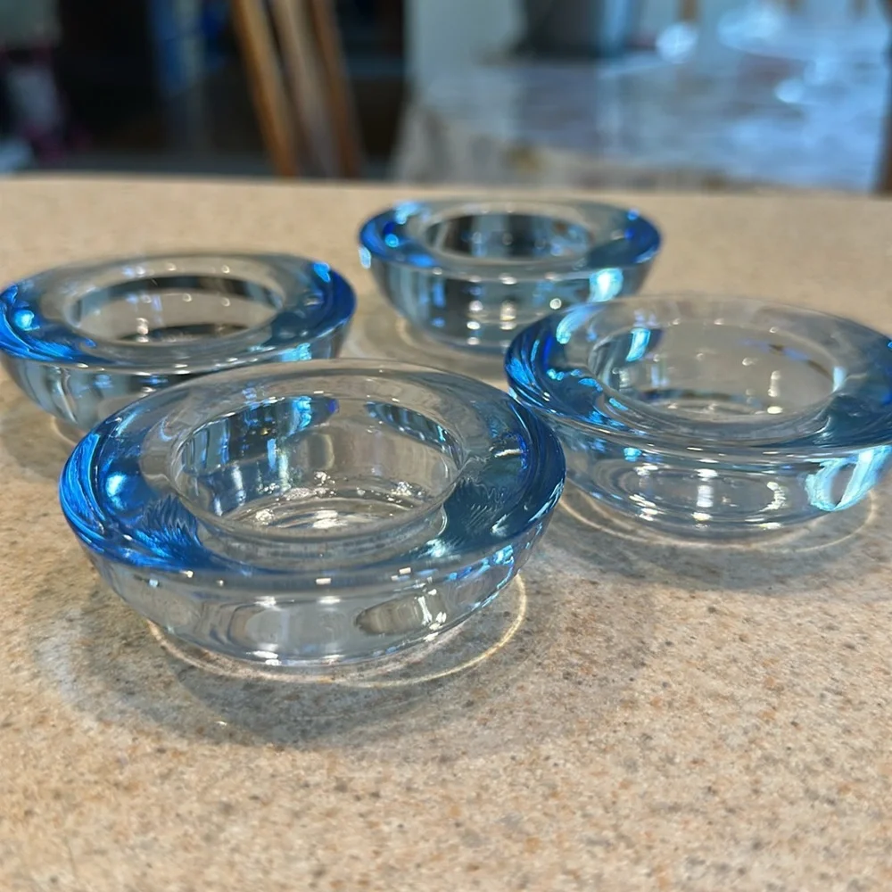 4 IKEA Retro Style Chunky Transparent Blue Glass Tea Light Candle Holders